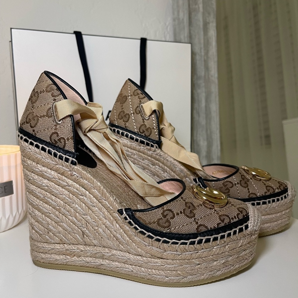 Gucci Brown Monogram Wedge Espadrilles